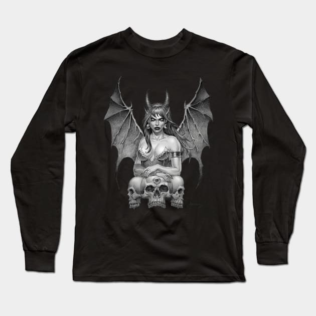 Demonlady with 3 Skulls Long Sleeve T-Shirt by Paul_Abrams